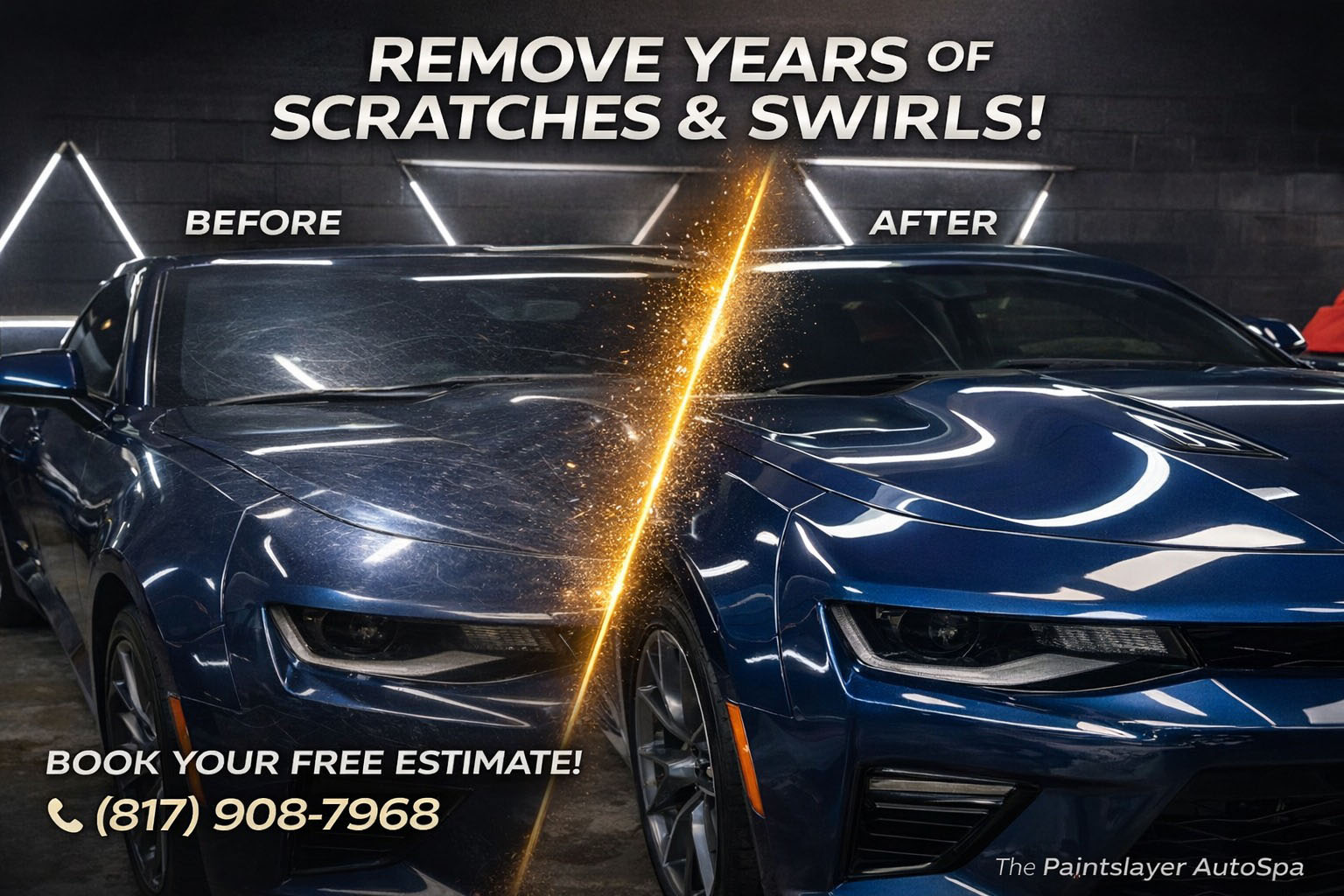 Before and after paint correction — scratches and swirls removed